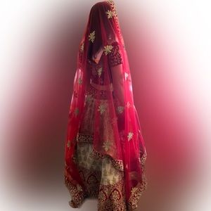 NEW, gorgeous cream + burgundy, detailed embroidered bridal lehenga